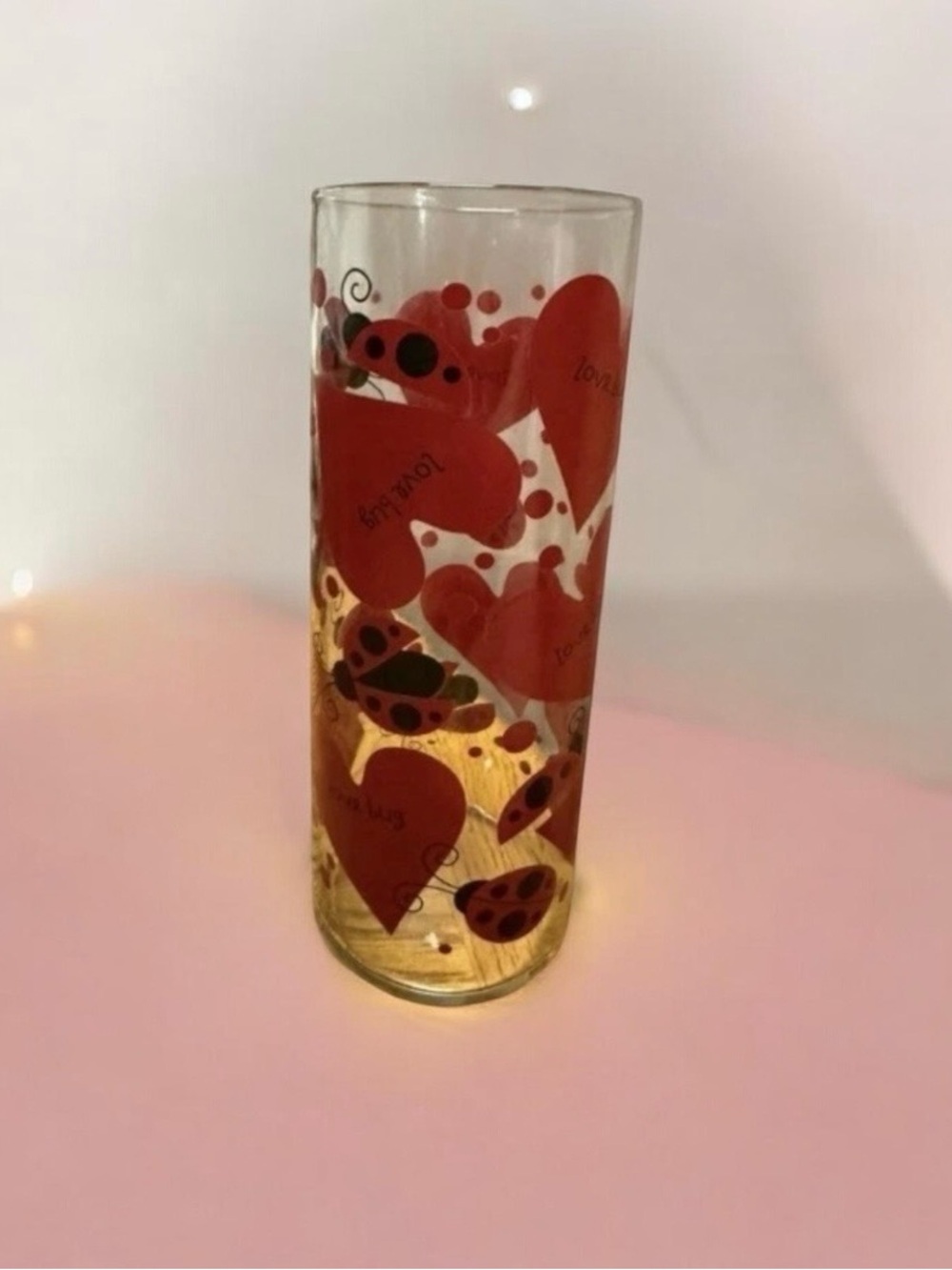 Vintage ~Love Bug, Ladybug & Hearts ~ Vase Or Tall Glass ~ Indiana Glass Company